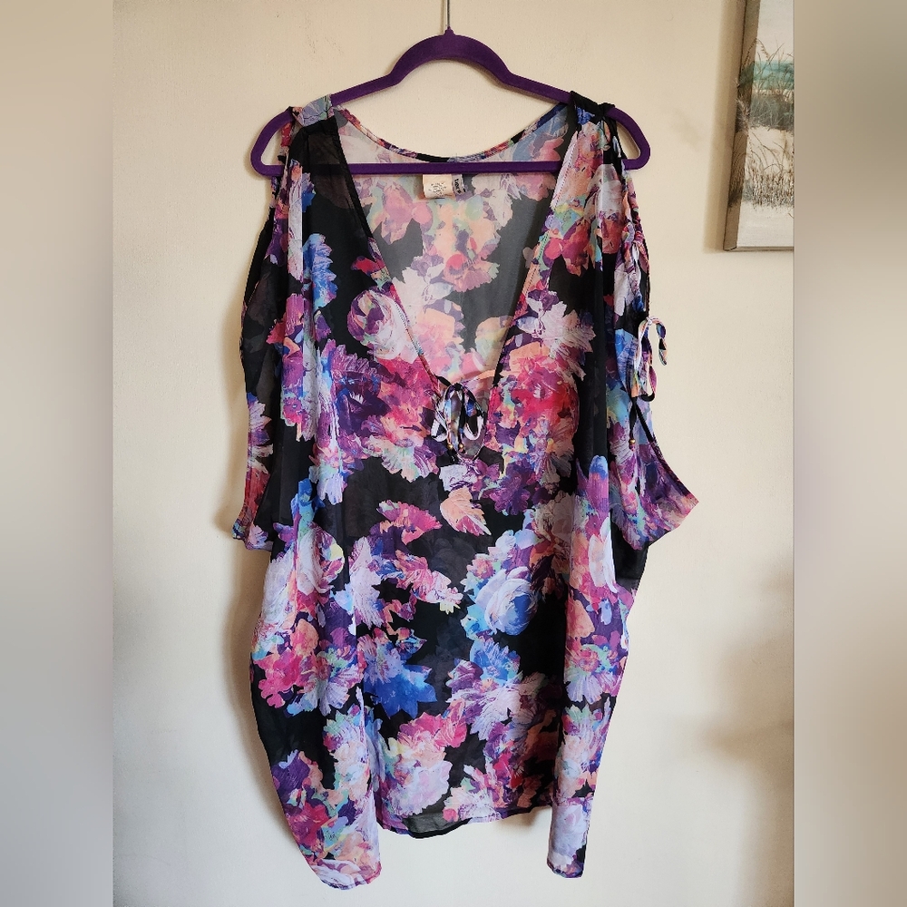 Bar III Floral Swimsuit Coverup Black Large